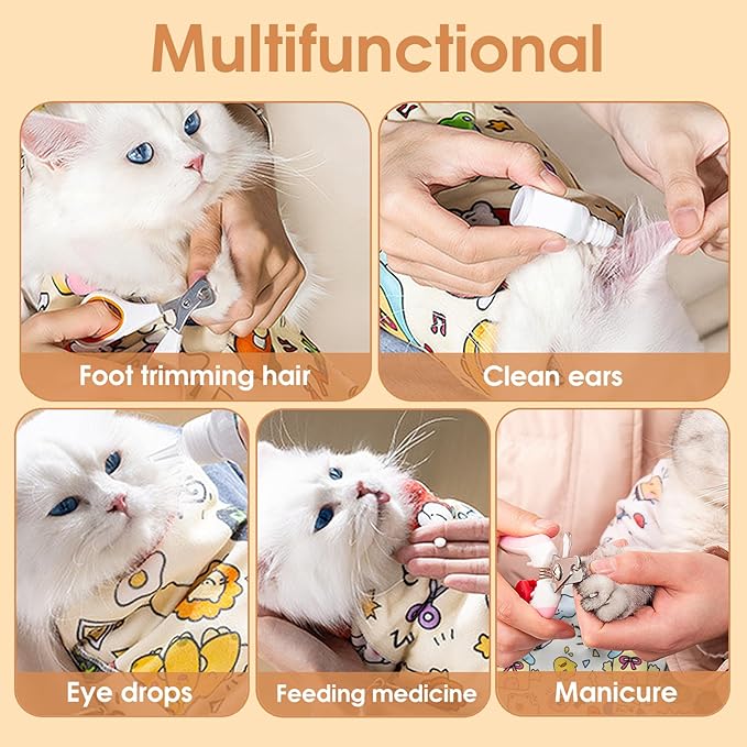 Cat Grooming Wrap for Cutting Nails, 27.5 * 27.5in Self-Adherent Cat Scratching Blanket for Nail Clipping Ear Cleaning Teeth Brushing Cats Anti-Scratch/Escape Swaddle Restraint Bag (Yellow)