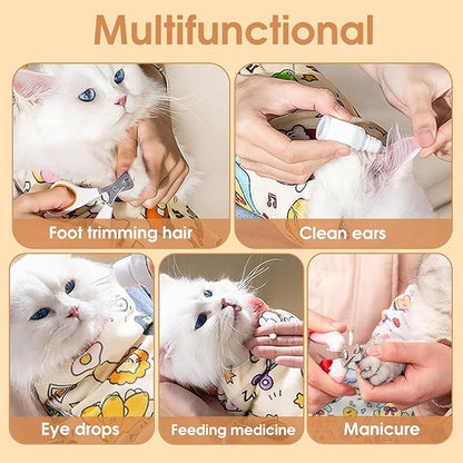 Cat Grooming Wrap for Cutting Nails, 27.5 * 27.5in Self-Adherent Cat Scratching Blanket for Nail Clipping Ear Cleaning Teeth Brushing Cats Anti-Scratch/Escape Swaddle Restraint Bag (Yellow)