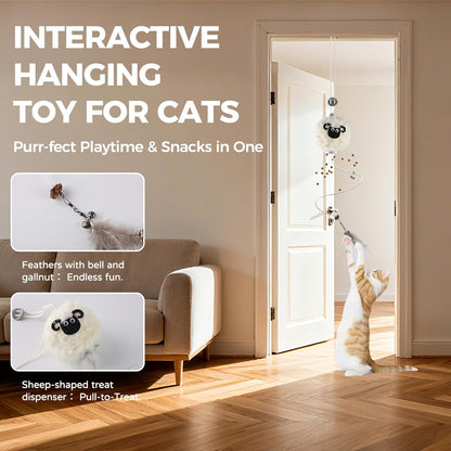 Interactive Cat Toys for Indoor Cats - [2025 New] Elastic Cat Feather Toys with Lamb-Shaped Puzzle Dispenser, Hanging Enrichment Toy That Delivers Joy and Award
