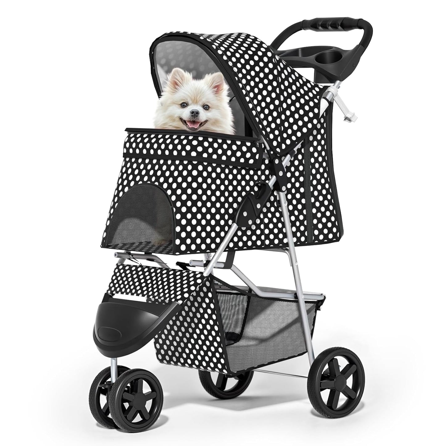 MoNiBloom 3 Wheels Pet Dog Cat Stroller for Small Medium Dogs Cats, Foldable Jogger Stroller w/Storage Basket and Cup Holder, Black Polka Dots