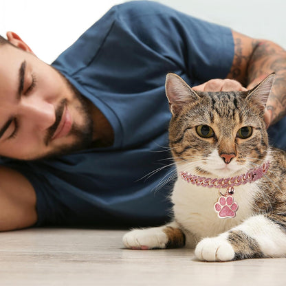 Hillban Cat Collar Diamond Chain Glitter Collar Walking Metal with Secure Buckle Cat Pet Necklace with Paw Charm and ID Tag Bell Link Cuban Jewelry Accessories(8 Inch,Rose Gold, Pink)