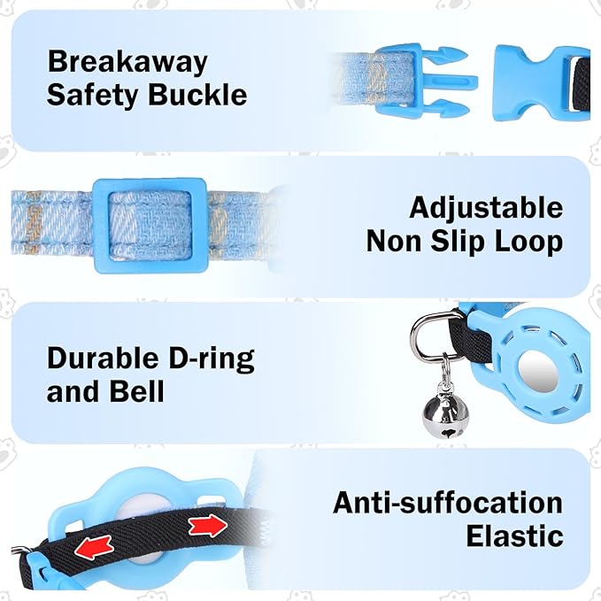 Airtag Cat Collar with Bells and Bowtie -Safety Elastic Band Kitten Collar for Apple Air Tag Holder- Cute GPS Cat Tracker Collars for Girl Boy Cats and Puppies, Adjustable 8"-12" Blue