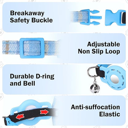 Airtag Cat Collar with Bells and Bowtie -Safety Elastic Band Kitten Collar for Apple Air Tag Holder- Cute GPS Cat Tracker Collars for Girl Boy Cats and Puppies, Adjustable 8"-12" Blue