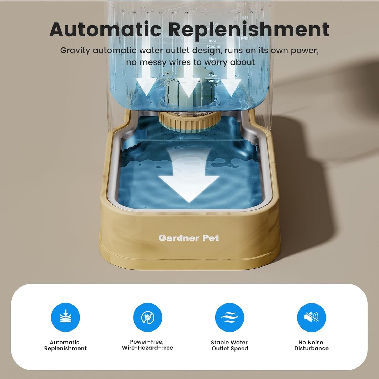 Gardner Pet Automatic Dog Water Dispenser Gravity Waterer with Stainless Steel Bowl Water Dispenser 8.5L Large Capacity Water Feeder with Filters for Dogs Cats Pets, BPA-Free Noise-Free (Brown, 8.5L)