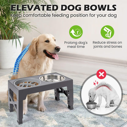 Heeyoo Elevated Dog Bowls - 5 Adjustable Heights Stand, 2 Stainless Steel Bowls & 1 Slow Feeder, Adjusts 3.2" to 12.2" for Small to Large Dogs