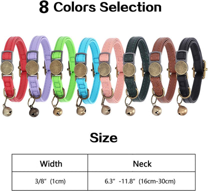 Cat Collar Breakaway, Personalized Leather Cat Collar with Bells-Adjustable Customized Collar with Name & Phone Number Tag for Girl Boy Cats -Quick Release Buckle for Cats & Kittens(Green)