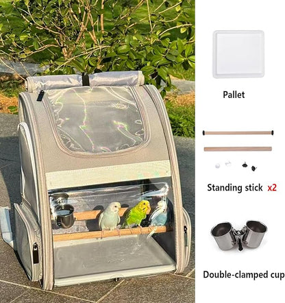 Bird Carrier,Travel Bird Cage,Bird Backpack for Small Birds Parakeet,Canary,Parrot, Finches,Cockatiel.Portable Outdoor Bird Bag with 2 Wooden Perch, Double-Clamp Cup, Detachable Poop Tray (Gray)