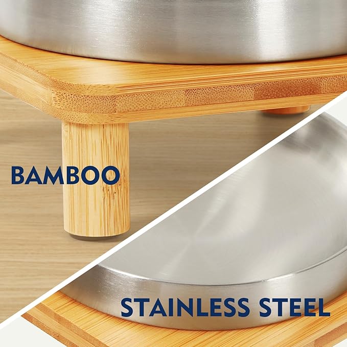 Elevated Cat Bowls for Indoor Cats – Raised Bamboo Cat Food Table with 2 Stainless Steel Dishes, Adjustable Height (4.25"/3.07"), Set of 1