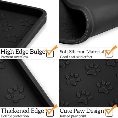 Ptlom Pet Placemat for Dog and Cat, Waterproof Non-Slip Silicone Feeding Bowl Mat Prevent Food and Water Overflow, Puppy Dish Feeder Fountain Trays Suitable for Medium and Small Pets, Black