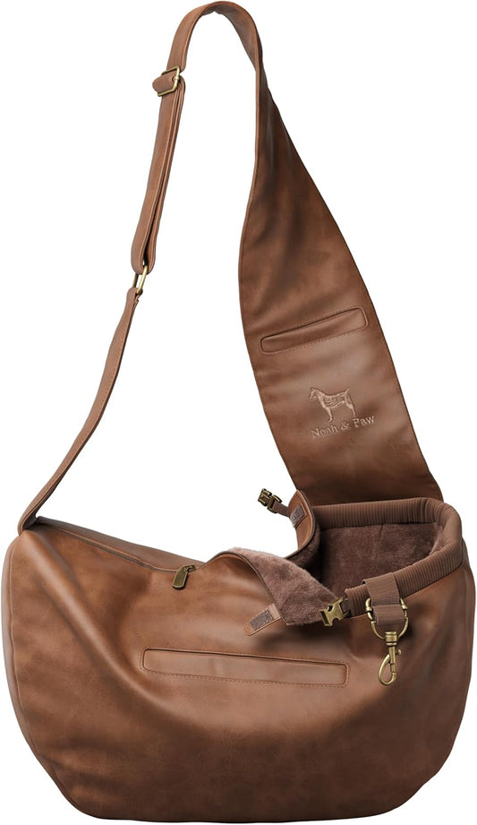 Noah & Paw Dog Sling Carrier for Small Dogs 5-18lb, Dog Sling for Small Dogs and Cats, Dog Carrier with Adjustable Padded Strap, Vegan Leather Lined with Fur, 3X Safety Features, Machine Washable