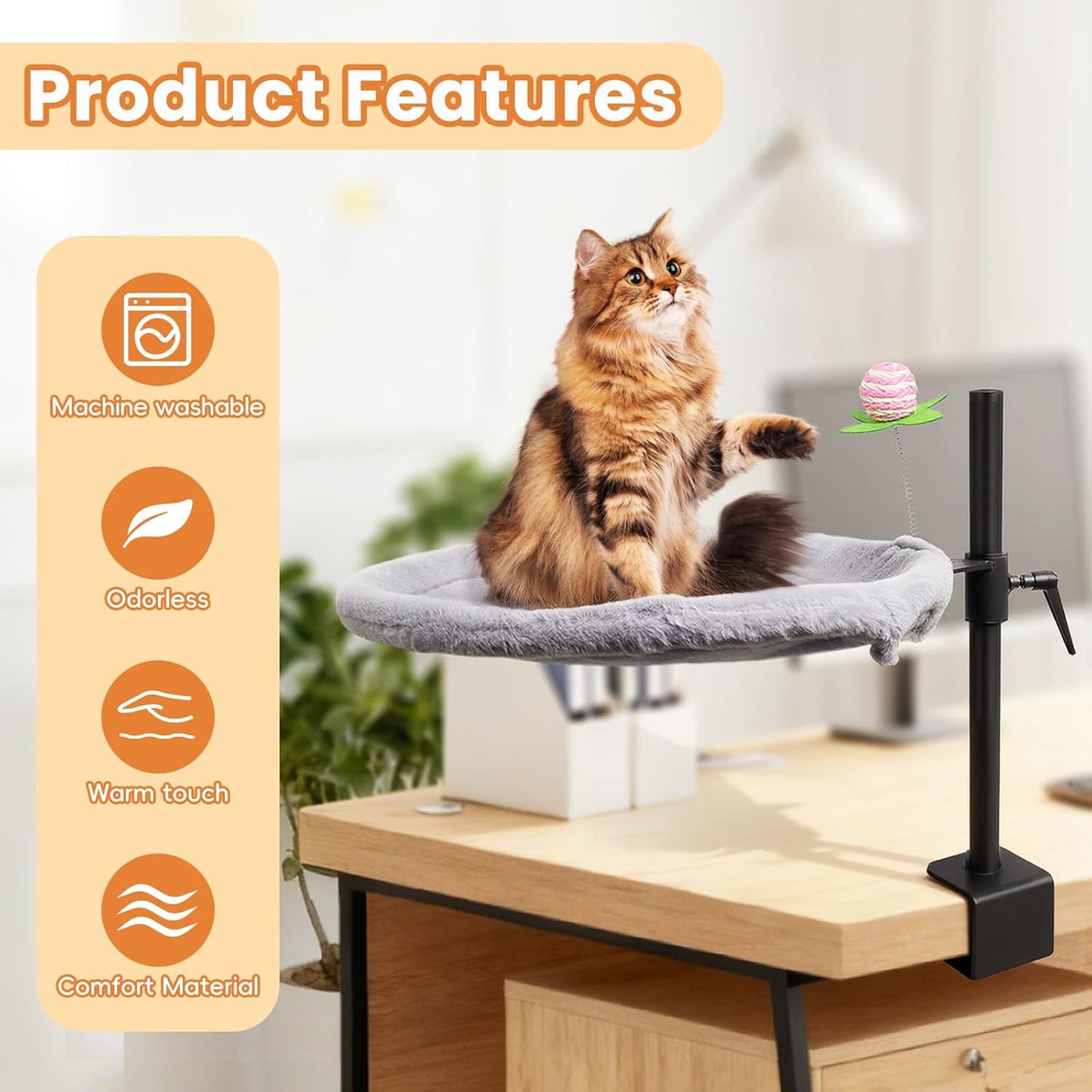 16-Inch Cat Desk Bed - 360° Rotating & Adjustable, Soft Faux Fur, Supports Up to 44lbs, Removable & Washable, Modern Indoor Cat Furniture for Office Desks, Gaming Tables & Island Tables (Round)