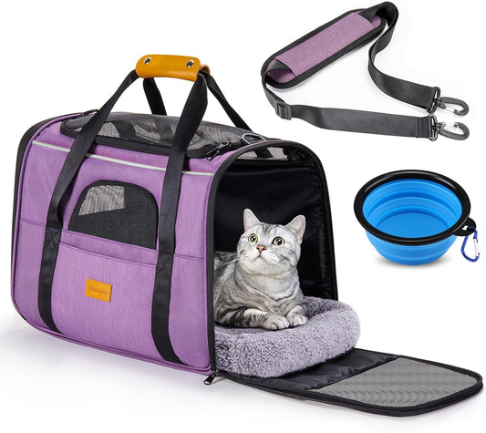 Morpilot Cat Carrier - Soft Sided Cat Carrier Large for Big Medium Cats and Puppy up to 18lbs, Pet Carrier with Safety Zippers, Foldable Bowl, Airline Approved Large Dog Carrier - Purple