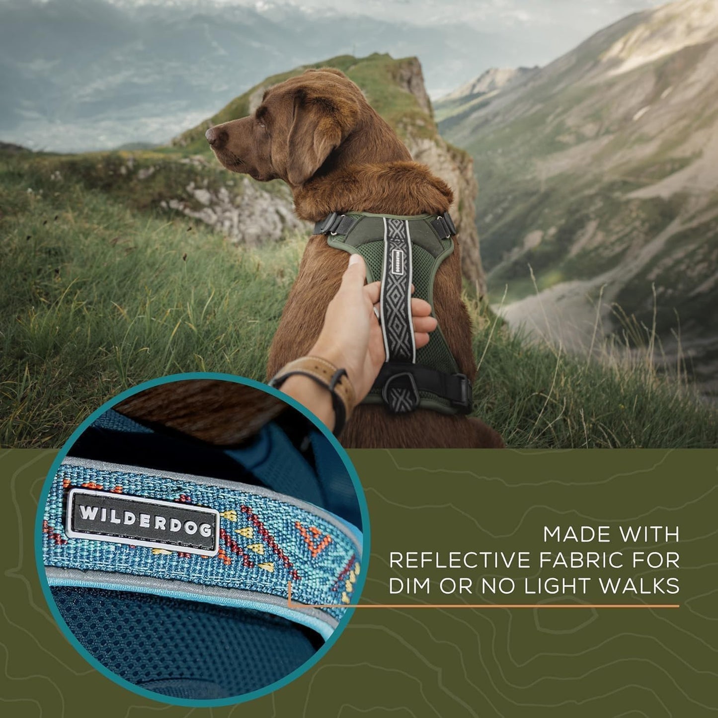 Wilderdog Lightweight Dog Harness with Reflective Straps - Small - Olive