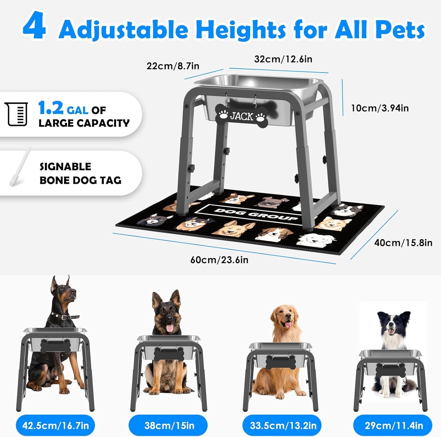 1.2 Gallon Elevated Dog Water Bowl, Height Adjustable (11–17'') Raised Stainless Steel Bowl with Spill-Proof Mat & Sturdy Metal Stand, Tip-Proof, Easy to Clean, Indoor & Outdoor Use