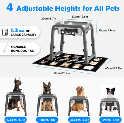1.2 Gallon Elevated Dog Water Bowl, Height Adjustable (11–17'') Raised Stainless Steel Bowl with Spill-Proof Mat & Sturdy Metal Stand, Tip-Proof, Easy to Clean, Indoor & Outdoor Use