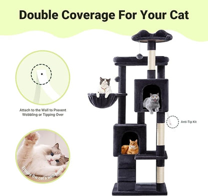 Allewie 64 Inches Cat Tree Tower/Multi-Level Activity Center for Indoor Big Felines/2 Plush Condos/2 Perchs/Basket/House/Sisal Scratching Posts/Hanging Cat Toys/Dark Grey