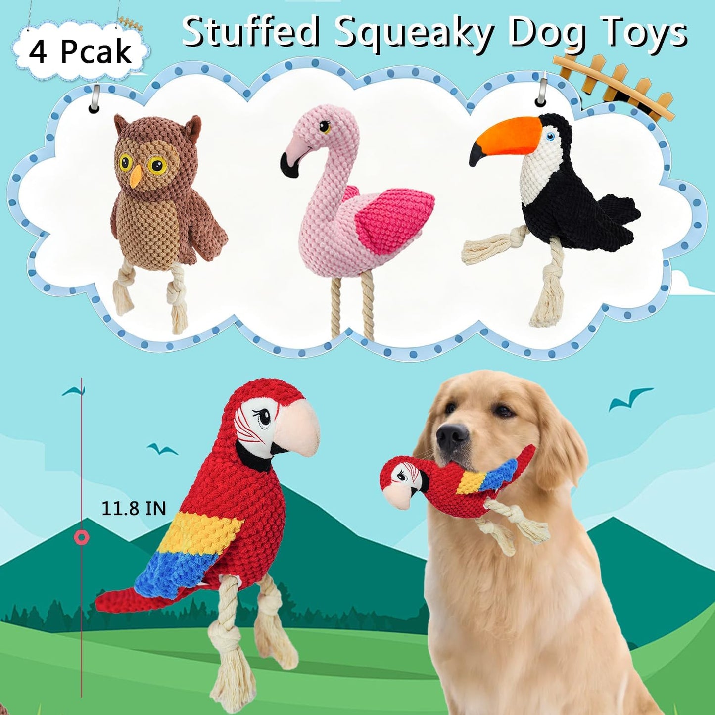 4-Pack Squeaky Dog Toys for Small Medium Large Dogs Interactive Rope Plush Dog Toys Set Flamingo, Parrot, Toucan, Owl Stuffed Puppy Toys for Teething, Anxiety Relief Perfect for Aggressive Chewers