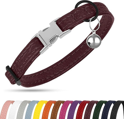 Leather Cat Collar with Buckle and Removable Bell - Non Breakaway Adjustable Soft Safety Small Pet Collars for Girl Boy Cats Kitten (Burgundy)