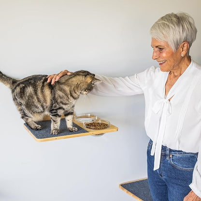 Cat Wall Shelves – Cat Wall Climber with Scratching Post, Removable Bed, Climbing Steps, and Feeding Terrace with Glass Bowls, Waterproof Rubberwood Pet Furniture