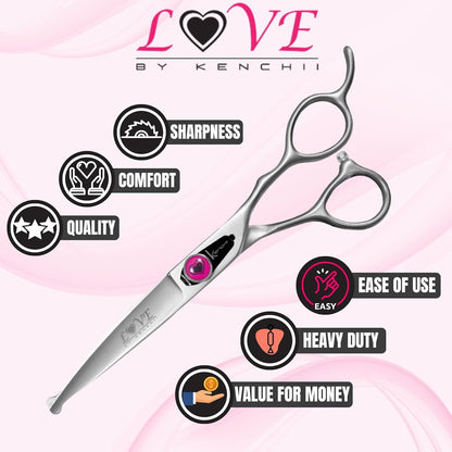 Kenchii Love Dog Grooming Scissors, 6.5 Inch Curved Balltip Shears, Dog Scissors for Grooming, Professional Pet Grooming Scissors, Safety Round Tip Shears