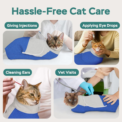Self-Adhesive Cat Grooming Wrap, Cozy Cat Wrap for Cutting Nails, Breathable Anti-Scratch Cat Swaddle Bag for Brushing, Ear Cleaning, Dental Care, Medication, Injections, Blue S