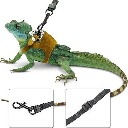 Bearded Dragon Harness and Leash Set, 3 Size Adjustable Soft Leather Reptile Leash, Lizard Harness with Retractable, Small Animal Outdoor Walking Vest with Traction Rope, 3 Pack (Brown)