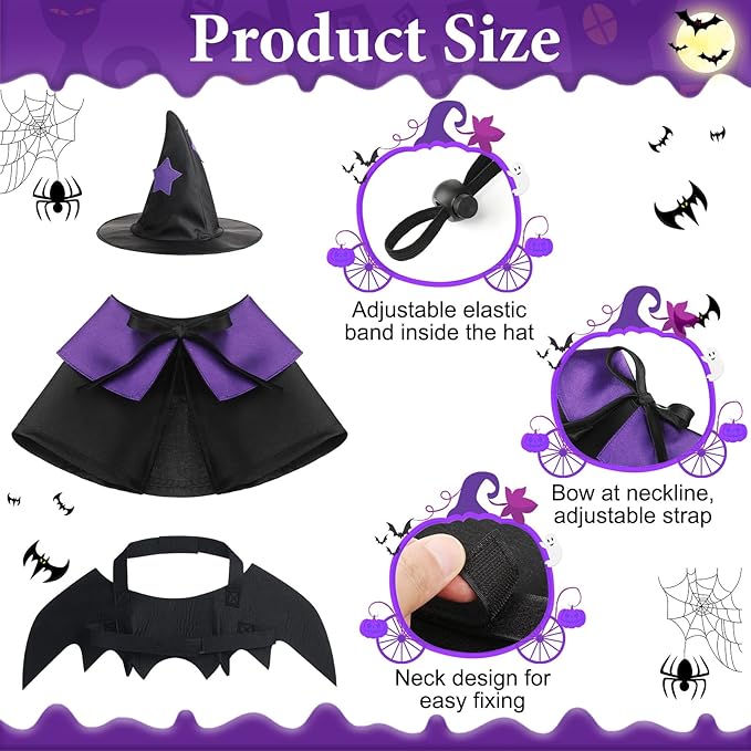 Frienda 3 Pieces Cat Halloween Vampire Costume Includes Vampire Costume Cloak Wizard Hat and Cat Bat Wings for Kittens Pet Halloween Party Cosplay Accessories(Purple,Star)