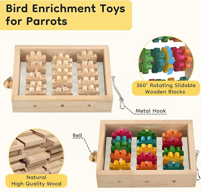 2Pcs Bird Toys, Hanging Parrot Chew Toy, Natural Wooden Chewing Puzzle Training Blocks Intellectual Development for Budgie, Conure, Lovebird, Cockatoo, African Grey, Amazon Parrots, Macaw