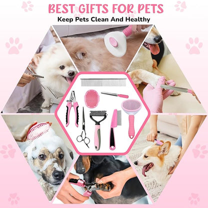 Dog Brush & Grooming Kit – 9-Piece Pet Brush & Deshedding Set for Shedding, Bathing, Trimming & Nail Care | Grooming Tools for Dogs & Cats, Includes Comb, Nail Clipper, Scissors, Slicker Brush (Pink)
