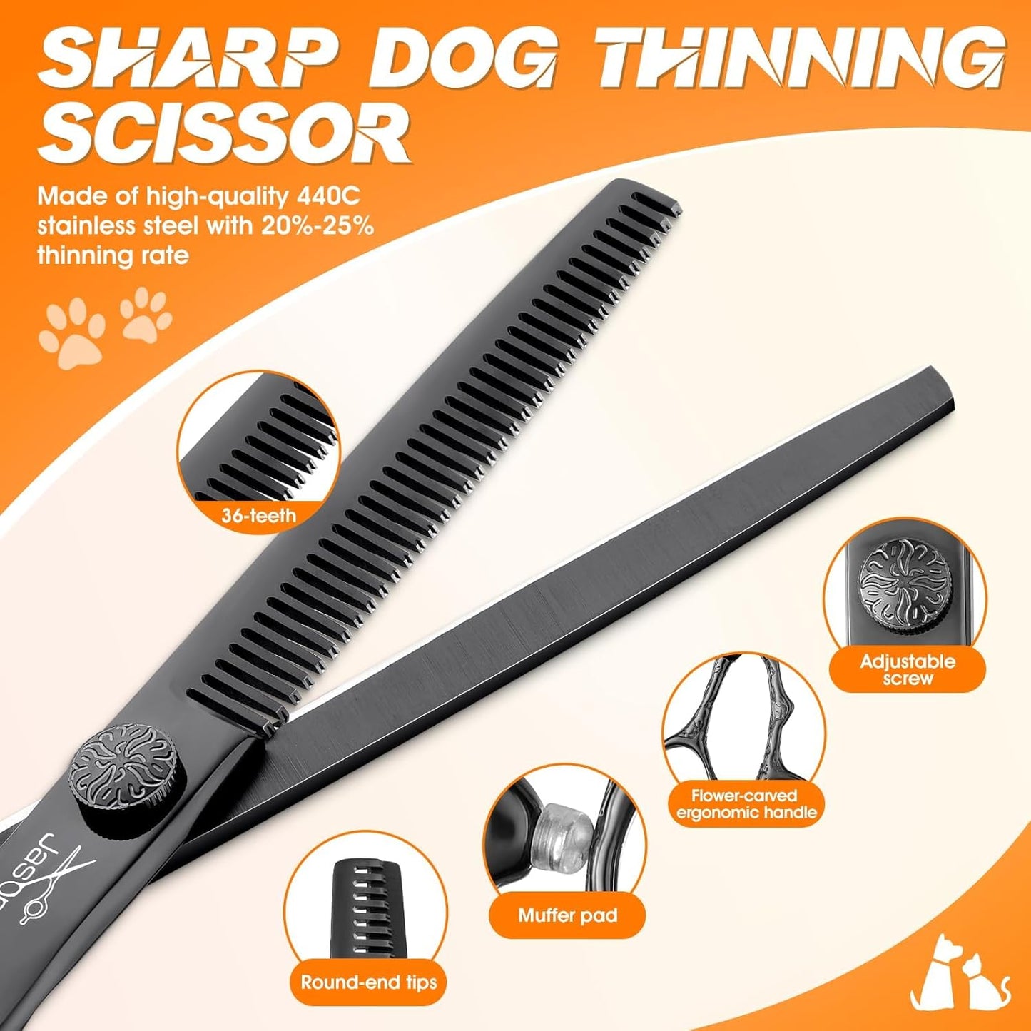 JASON Professional Dog Grooming Scissors Set - 6 in 1 Dog Shears Kit with 6.5" Thinning, 7" Straight, 7" Up-Curved, 7" Down-Curved Shears and Comb for Cat and Pet, Adjustable Screw (Black)