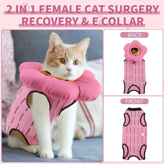 EMUST 2PCS Cat Recovery Suit and Cat Cone Collar Female, Cotton Breathable Cats Spay Recovery Suit, Adjustable Cute Flower Neck for Cats 8-16lb(Pink, L)