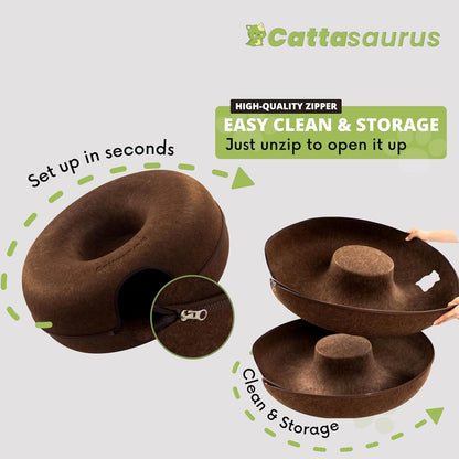 CATTASAURUS Peekaboo Cat Cave for Multiple & Large Cats Up to 30-45 Lbs, Scratch Detachable & Washable Tunnel Bed, Comfy Donut Cat Cave (Brown, Jumbo)