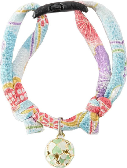 Necoichi Chirimen Cat Collar with Clover Bell (Baby Blue) with Bell Safety Breakaway Soft Lightweight for Cats Kitty Kitten Japanese Stylish Pattern, No.1 Seller in Japan