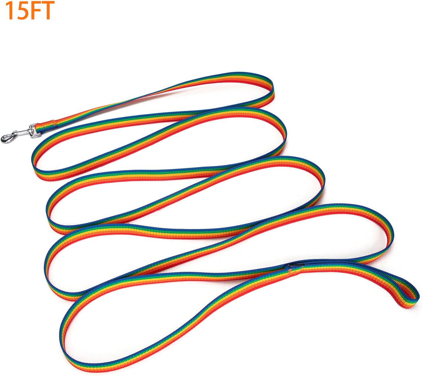 Strong Durable Nylon Dog Training Leash, 1 Inch Wide Traction Rope, 6 ft 10ft 15ft Long, for Small and Medium Dog (Rainbow, 15 Feet)