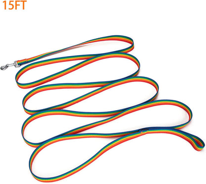 Strong Durable Nylon Dog Training Leash, 1 Inch Wide Traction Rope, 6 ft 10ft 15ft Long, for Small and Medium Dog (Rainbow, 15 Feet)