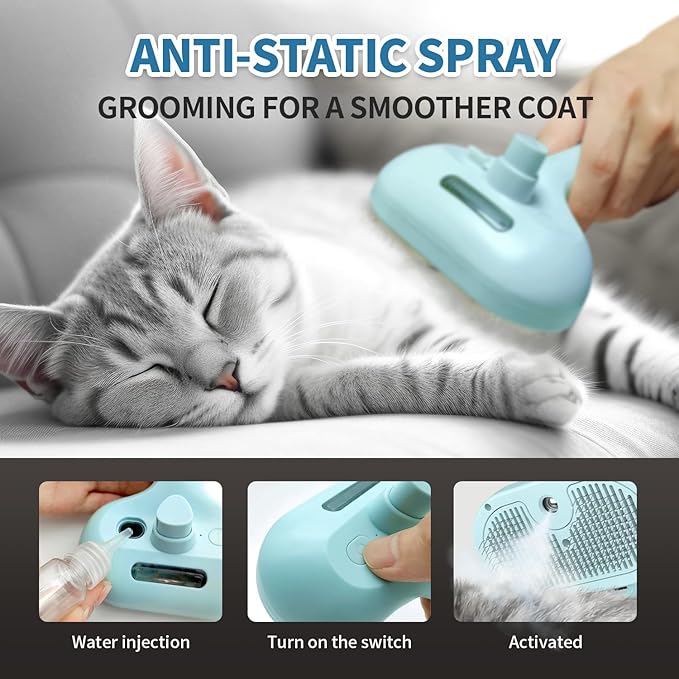 Cat Steam Brush for Shedding, 3 In 1 Self Cleaning Steamy Pet Brush Anti Static Flying Hair Spray Cat Comb for Long and Short Hair Pets Grooming Remove Loose Haired Reduce Shedding (Blue)