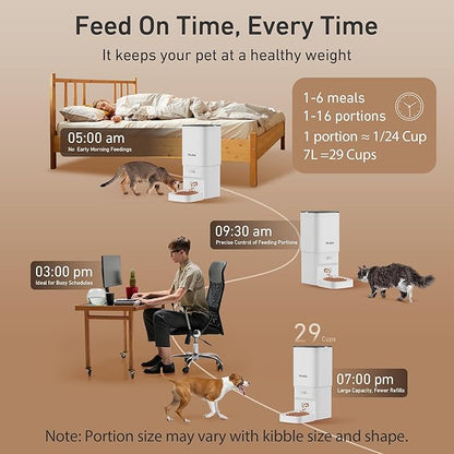 Automatic Cat Feeder, 7L/29 Cups Automatic Dog Feeder with Desiccant Bag, 1-6 Meals Ideal for 2-15mm Dry Food, Suitble for Multiple Pets, Dual Power Supply, Detachable Washable, White