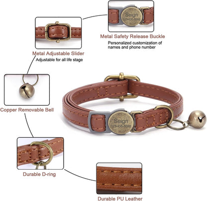 Cat Collar Breakaway, Personalized Leather Cat Collar with Bells-Adjustable Customized Collar with Name & Phone Number Tag for Girl Boy Cats -Quick Release Buckle for Cats & Kittens(Brown)