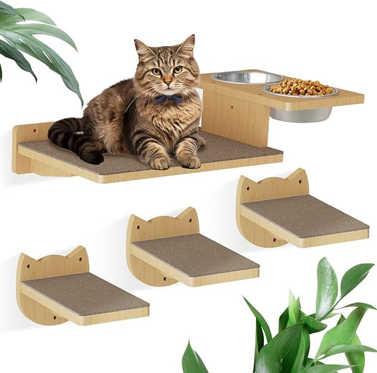 MeowHomm Cat Wall Shelves, Wood Wall Furniture with 3 Steps, Cat Feeding Shelf with 2 Food Bowls, Wooden Bed Furniture Wall Mounted