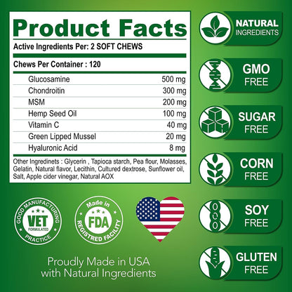 (2 Pack) Glucosamine for Dogs - Hip and Joint Supplement for Dogs - Glucosamine Chondroitin - Joint Pain Relief Pills - MSM - Hemp Oil - Advanced Health Support Supplement - 240 Mobility Chews