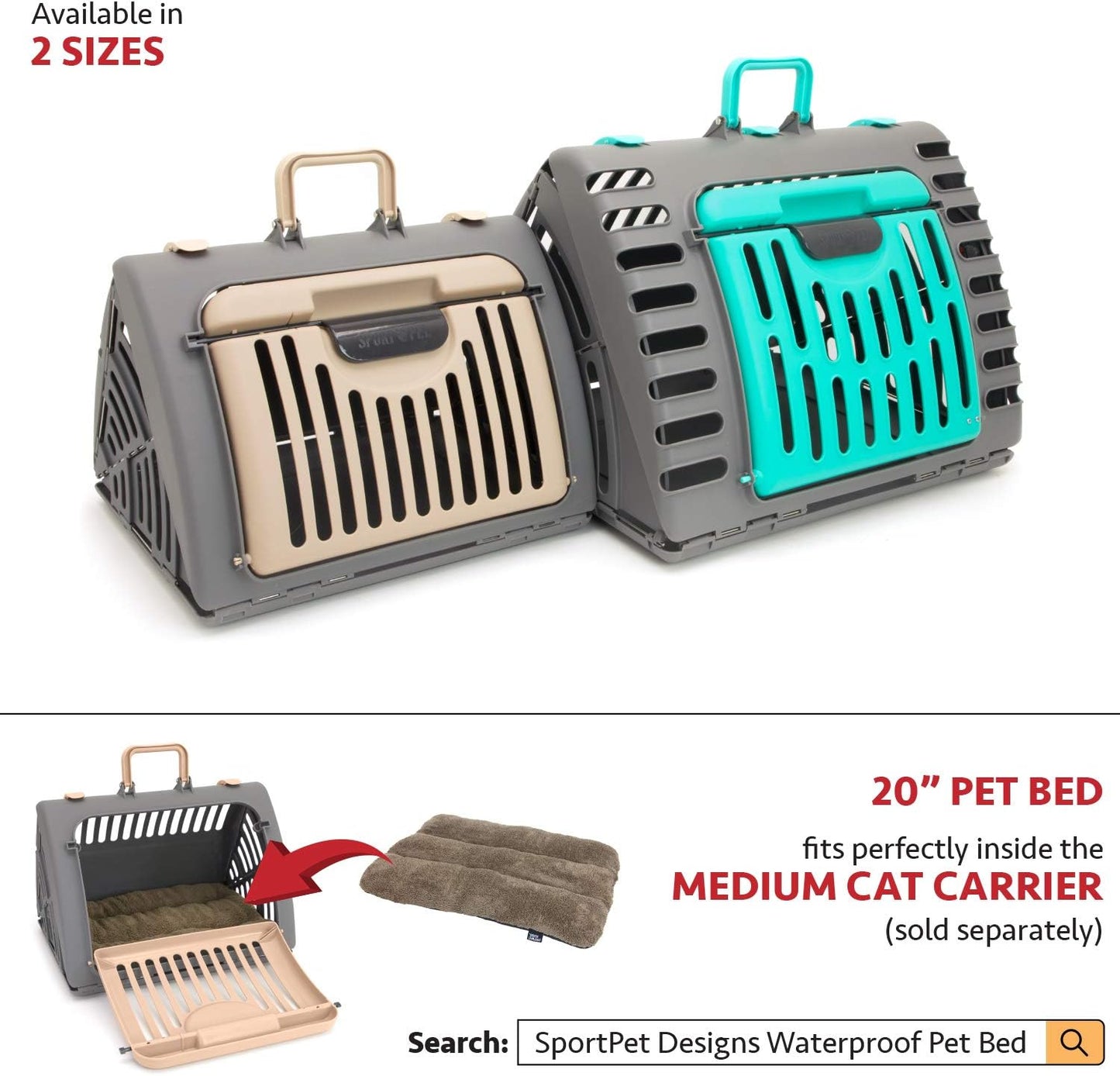 SportPet Designs Foldable Travel Cat Carrier - Front Door Plastic Collapsible Carrier, Gray and Tan, Medium (Pack of 1)