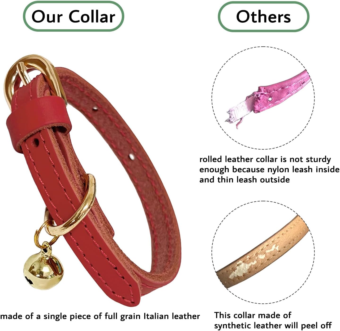Guiding Star Leather Collar for Puppy, Cute Soft Thin Dogs Collars for Small Medium Dogs, Cat Collar with Bell (Red, XS, 9"-12")