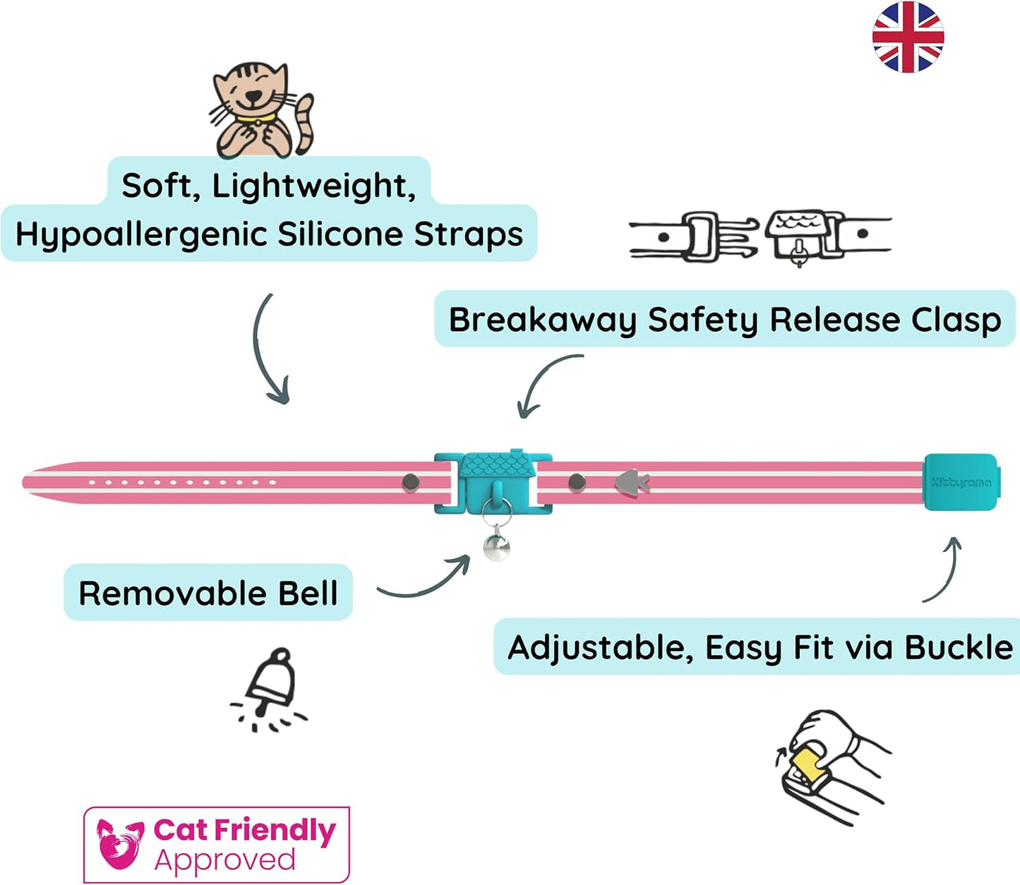 Kittyrama Bermuda Cat Collar with Bell - Breakaway Quick Release, Lightweight, Soft & Comfy