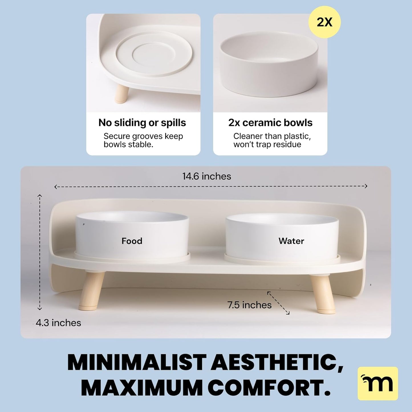 MalsiPree Dog Bowls Elevated & Pet Bowls - Small, Sand Beige - 45° Tilt Stand with Splash Guard - Dog Feeding Station with Ceramic Dishes for Food & Water