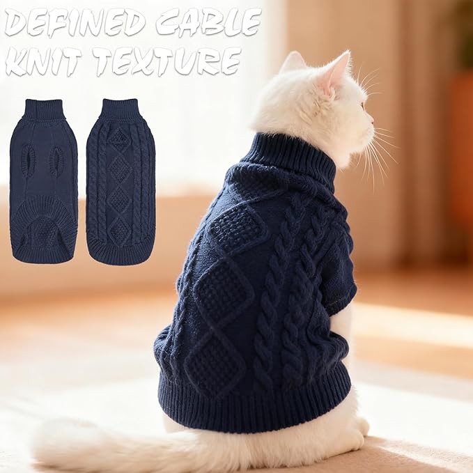 BINGPET Cat Sweater,Thermal Knitted Kitten Clothes Winter Coat,Classic Knit Turtleneck Cat Sweaters for Cats Only,Warm Pet Clothes for Kittens & Small Dogs Puppy Boy Girl Indoor Outdoor(Navy Blue,M)