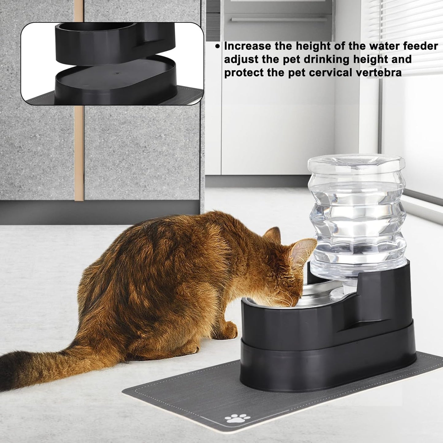 RIZZARI Automatic Cat Water Dispenser: Black 5L Elevated Feeder - Stainless Steel Gravity Bowl - Leakproof Base for Indoor Pets