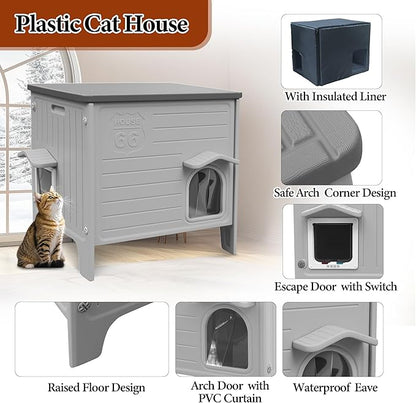 Outdoor Cat House with Insulated Liner, Large Weatherpoof Plastic Insulated Cats Houses with Escape Door Indoor Waterproof Feral/Pet Cat Shelter Outside for Puppy, Rabbit for Winter（Grey）