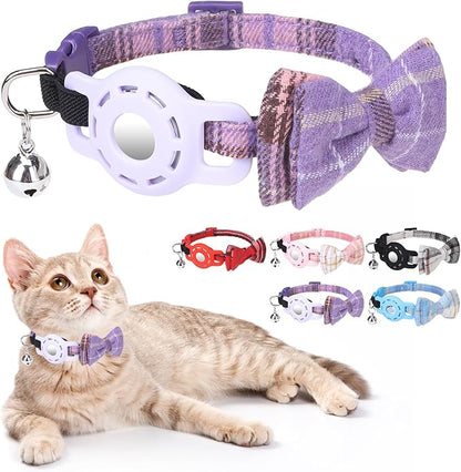 Airtag Cat Collar with Bells and Bowtie -Safety Elastic Band Kitten Collar for Apple Air Tag Holder- Cute GPS Cat Tracker Collars for Girl Boy Cats and Puppies, Adjustable 8"-12" Purple