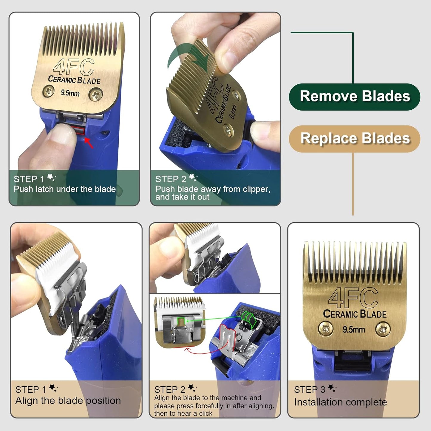 7 Pack Detachable Pet Dog Grooming Clipper Ceramic Blades Set,Compatible with Andis,Oster A5,Wahl KM10 Series Clippers,Gold (10+30+40+7FC+5FC+4FC+3FC)