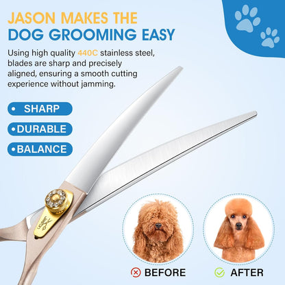 JASON 7.5" Dog Grooming Scissors - Professional Curved Shear with Ergonomic Handle Japanese 440C Stainless Steel Pet Scissor with Diamond Screw for Dogs, Cats and Other Animals
